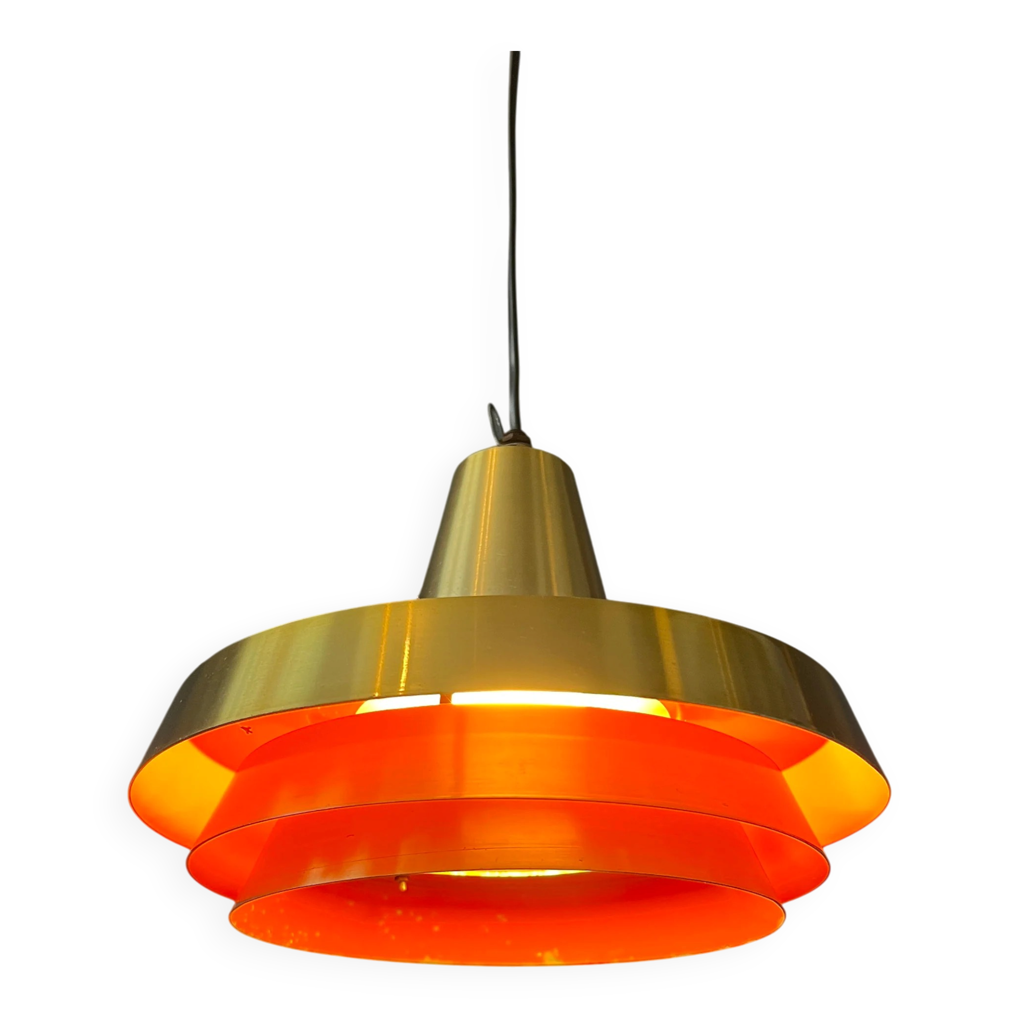 Mid-century Danish style orange brass suspension light.