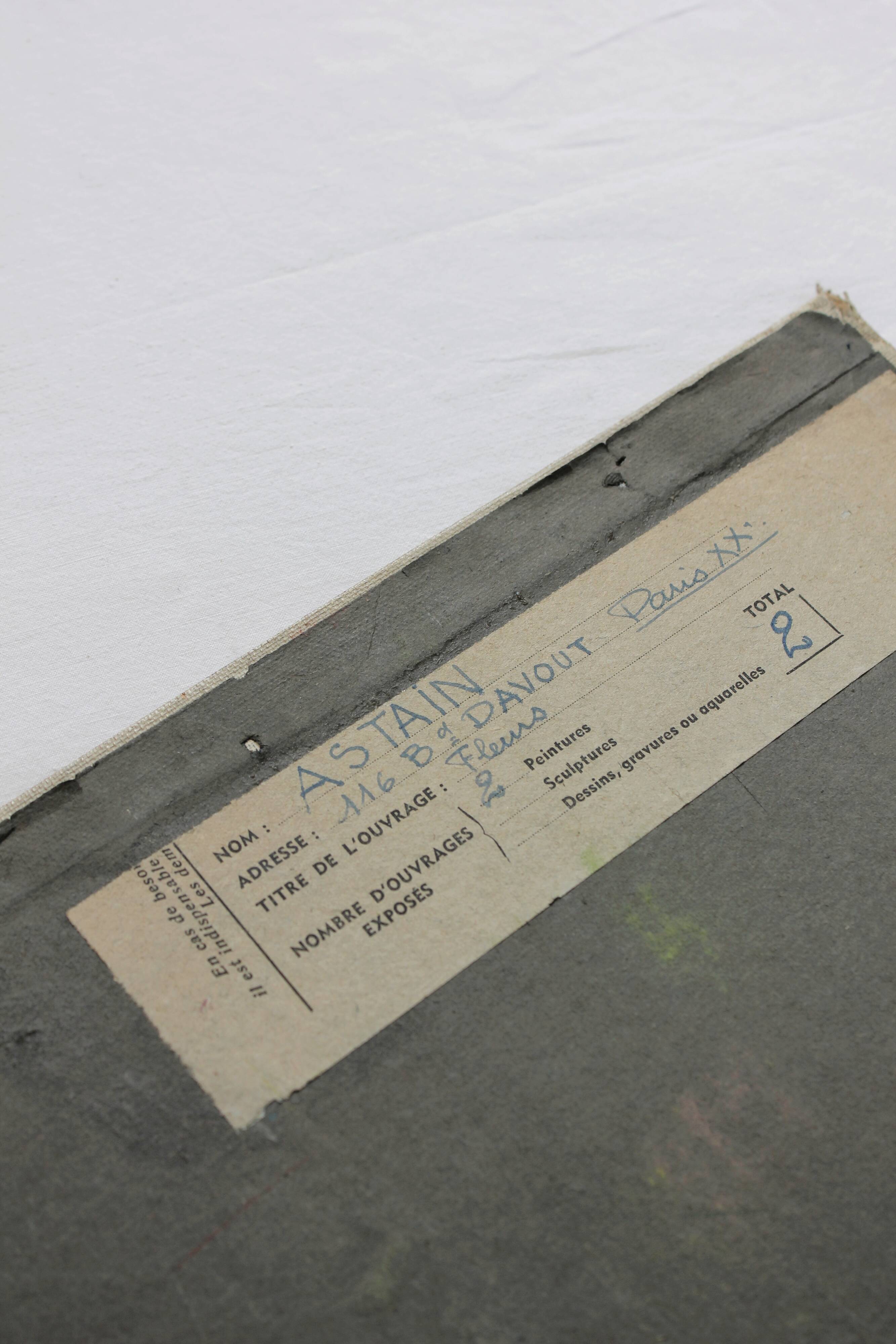 Old painting, oil on cardboard signed E. Astain, "Flowers", 1945