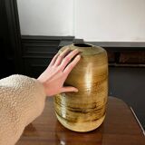 Yellow modernist vase without neck 33cm by georges ponsart, grand feu salted stoneware, bouffioulx ca 1950