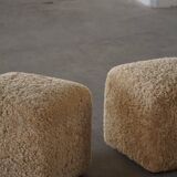 French mid-century cube poufs, a pair of lambswool stools, 1960s.