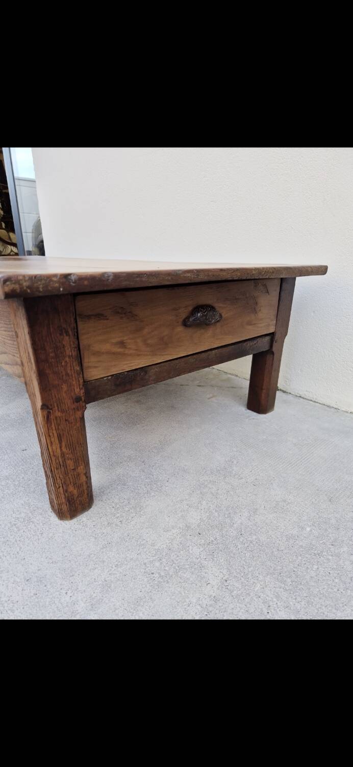 Rustic farmhouse coffee table with two drawers, solid oak, 19th century - 1.97m