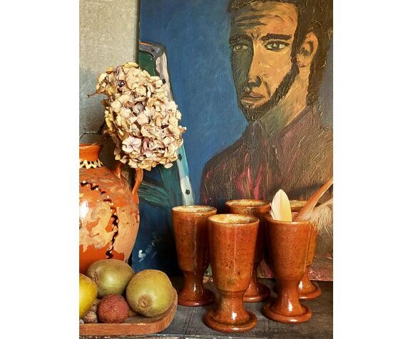 Five ancient potter's mazagrans in enamelled sandstone