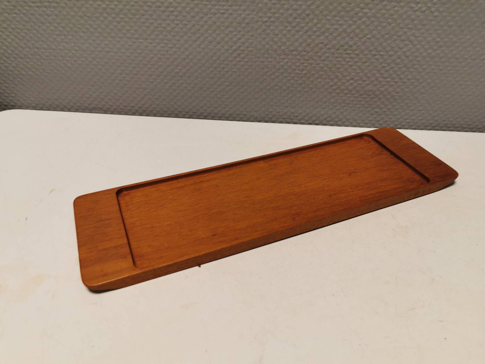 Teak Cabaret tray with four smoke coloured glass bowls, Danish and produced by Wiggers 1970s.