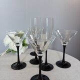 6 shiny black stemmed glasses domino collection by Luminarc, vintage 1980