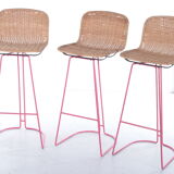 Italian set of 3 bar stools with cane and metal by Cidue, 1980s