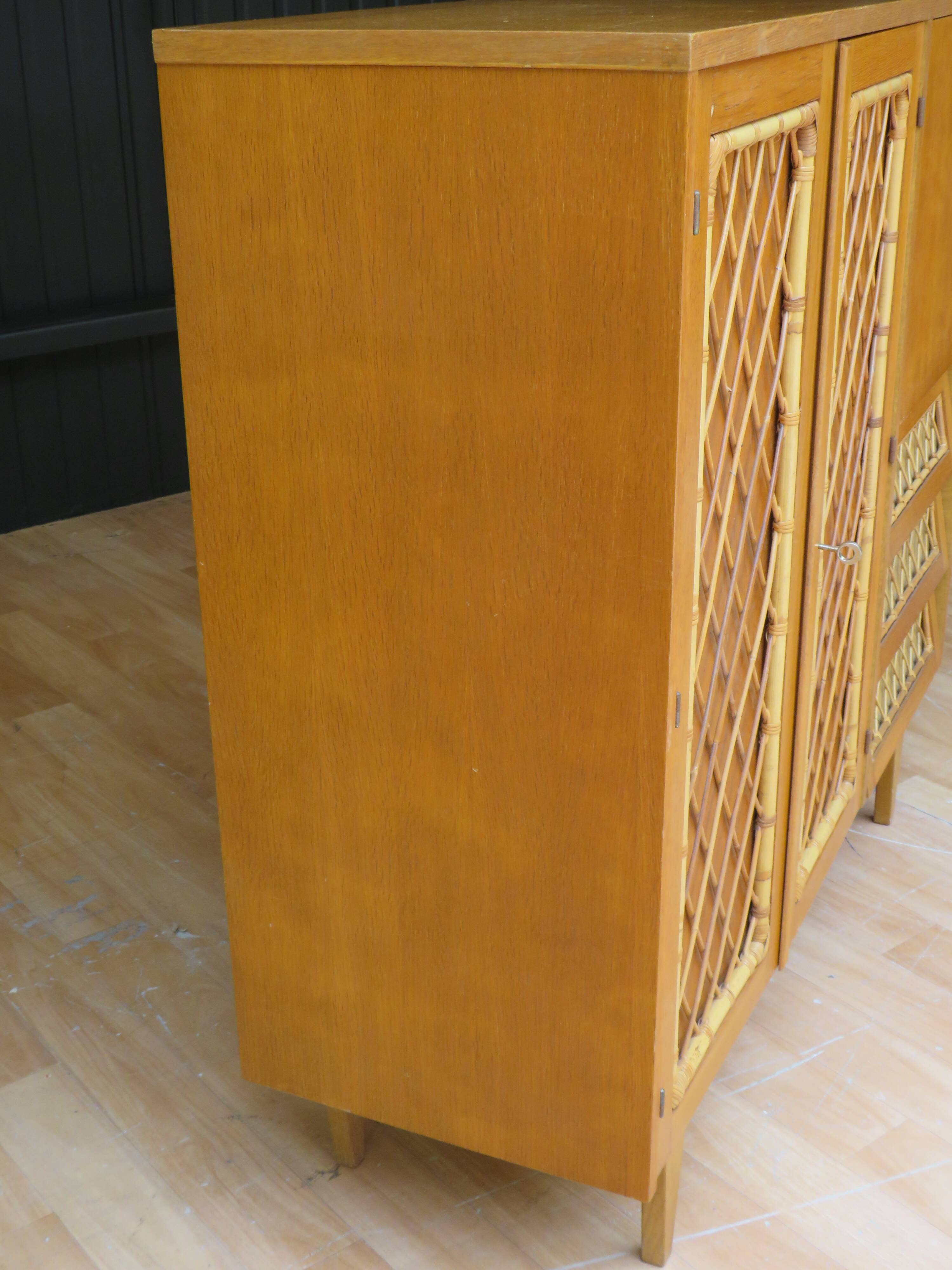 Wardrobe secretary child 60s wood and rattan feet compass