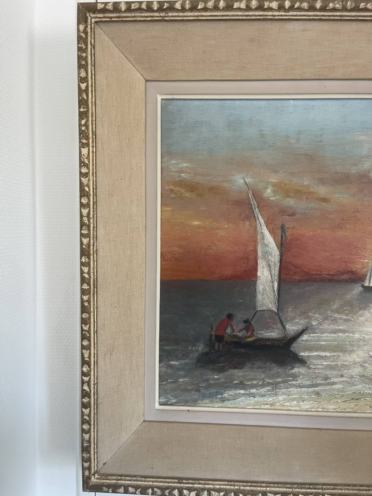 Oil Painting Canvas Sunset Boat Sea Sailboat Frame 62x