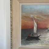 Oil Painting Canvas Sunset Boat Sea Sailboat Frame 62x
