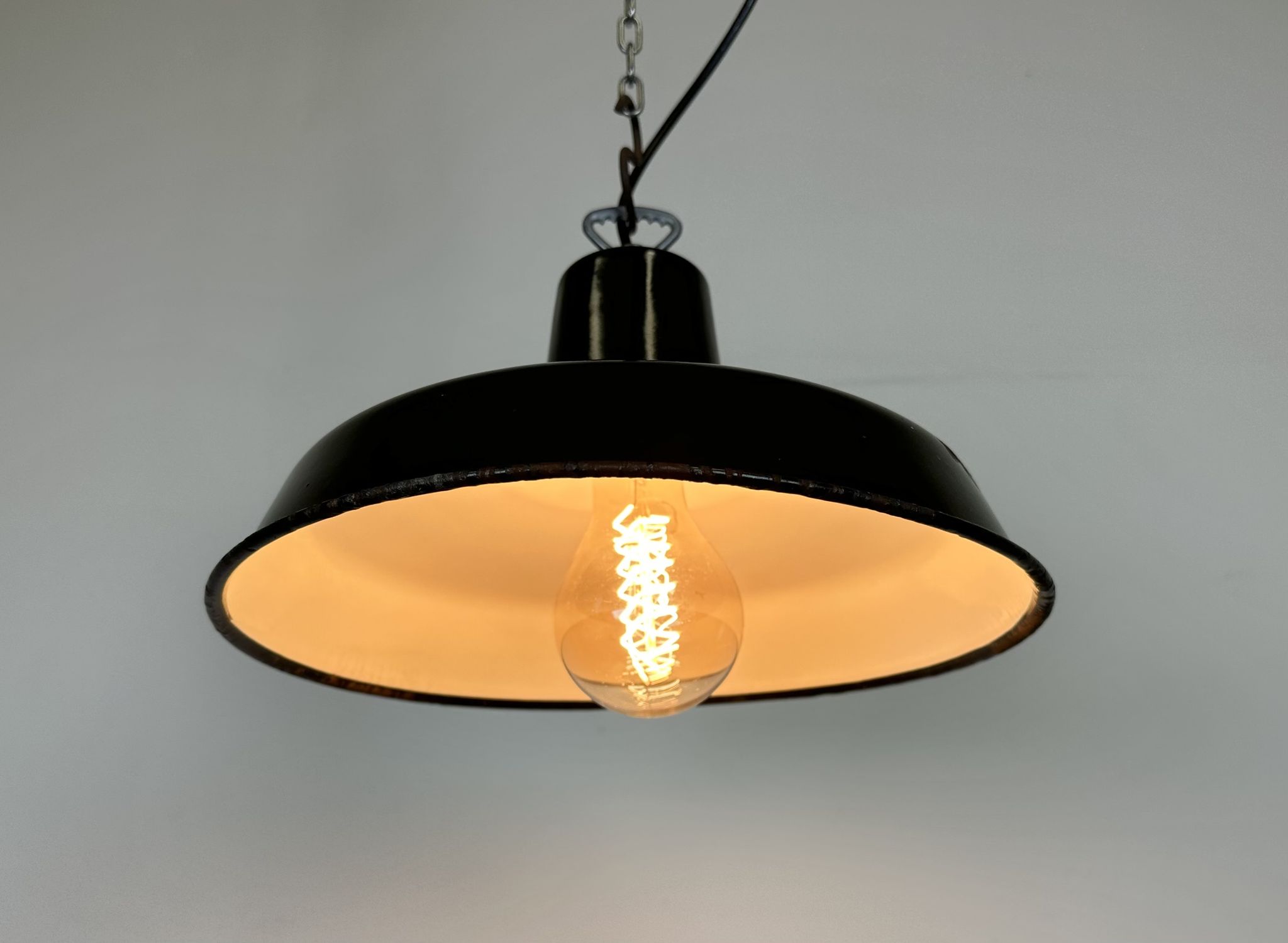 Industrial French Dark Green Enamel Factory Lamp, 1960s