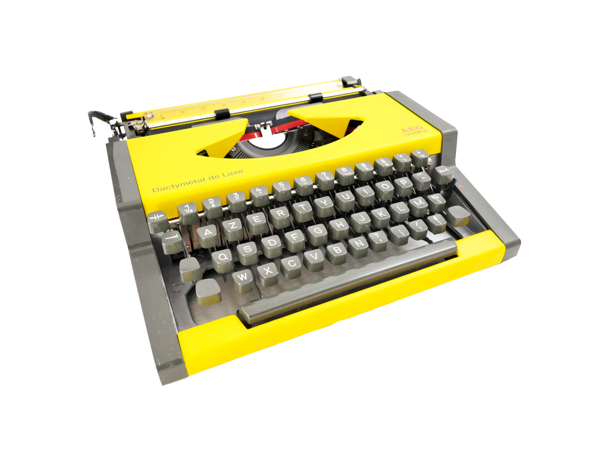 Machine à écrire Olympia AEG Dactymétal De Luxe Jaune révisée ruban neuf avec valise verte