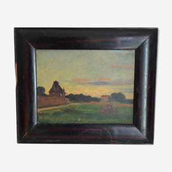 Old painting, countryside landscape