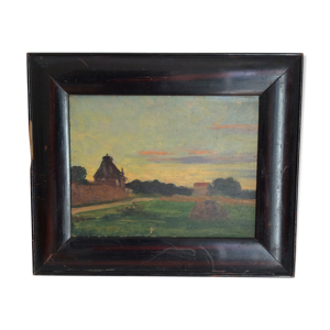 Tableau ancien, paysage de campagne