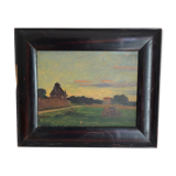 Tableau ancien, paysage de campagne