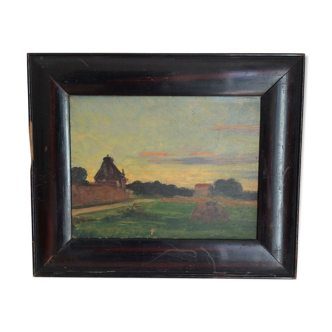 Tableau ancien, paysage de campagne