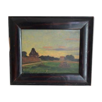 Tableau ancien, paysage de campagne