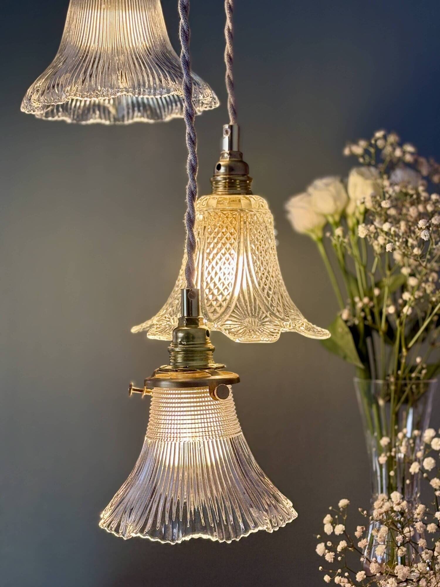 Vintage triple tulip pendant light in chiseled glass and holophane