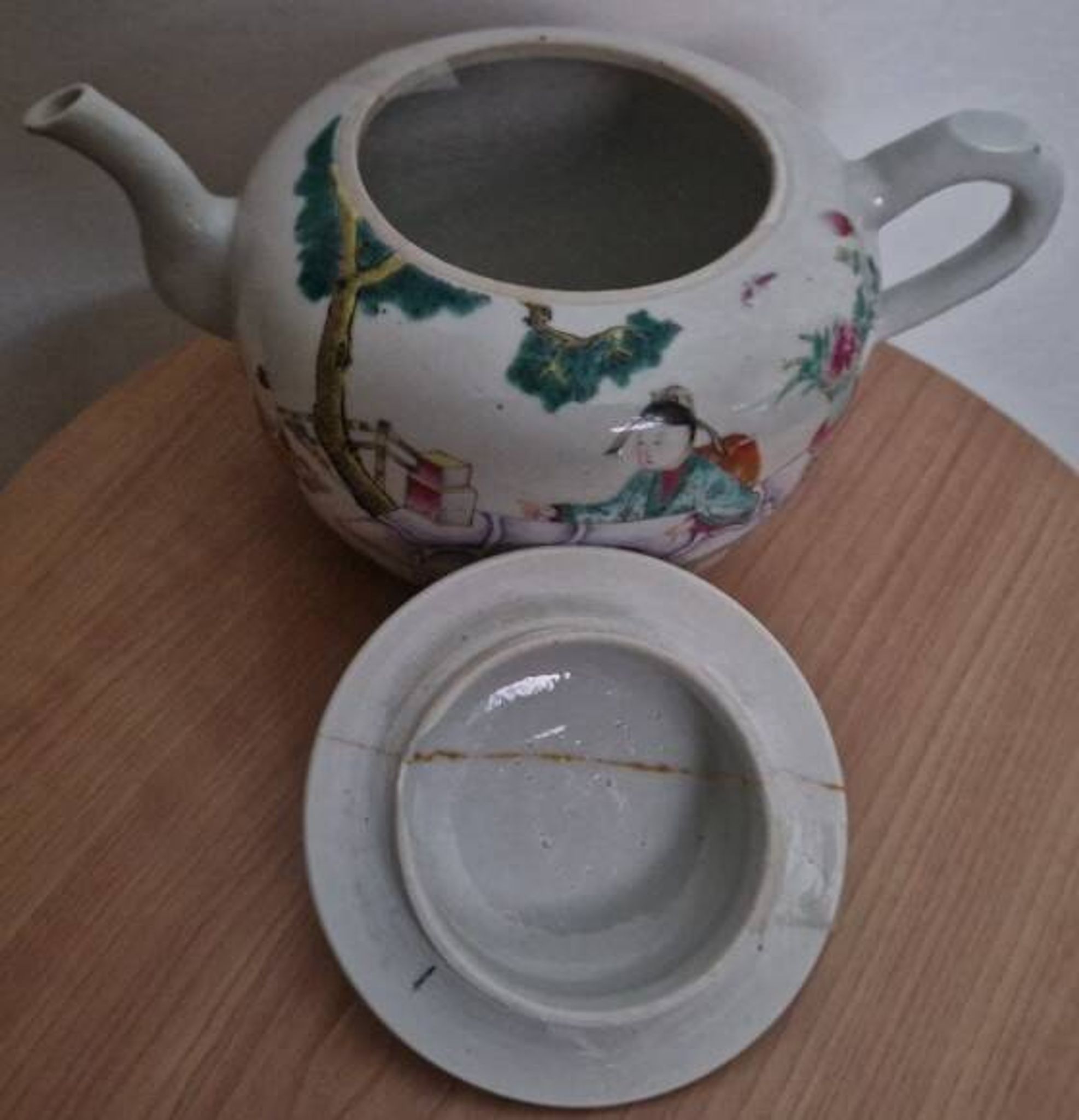 Antique Chinese enameled porcelain teapot with famille rose decoration