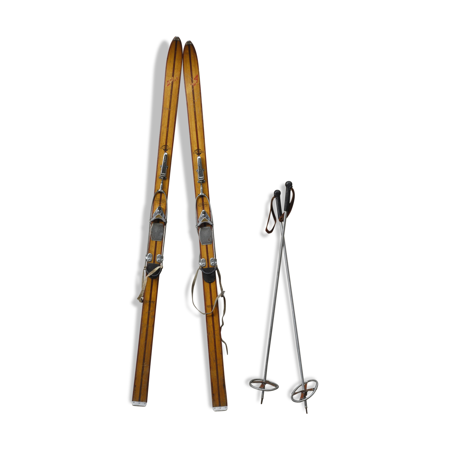 Pair of Skis Rossignol vintage in Hickory with his sticks in dural - 40-50 years