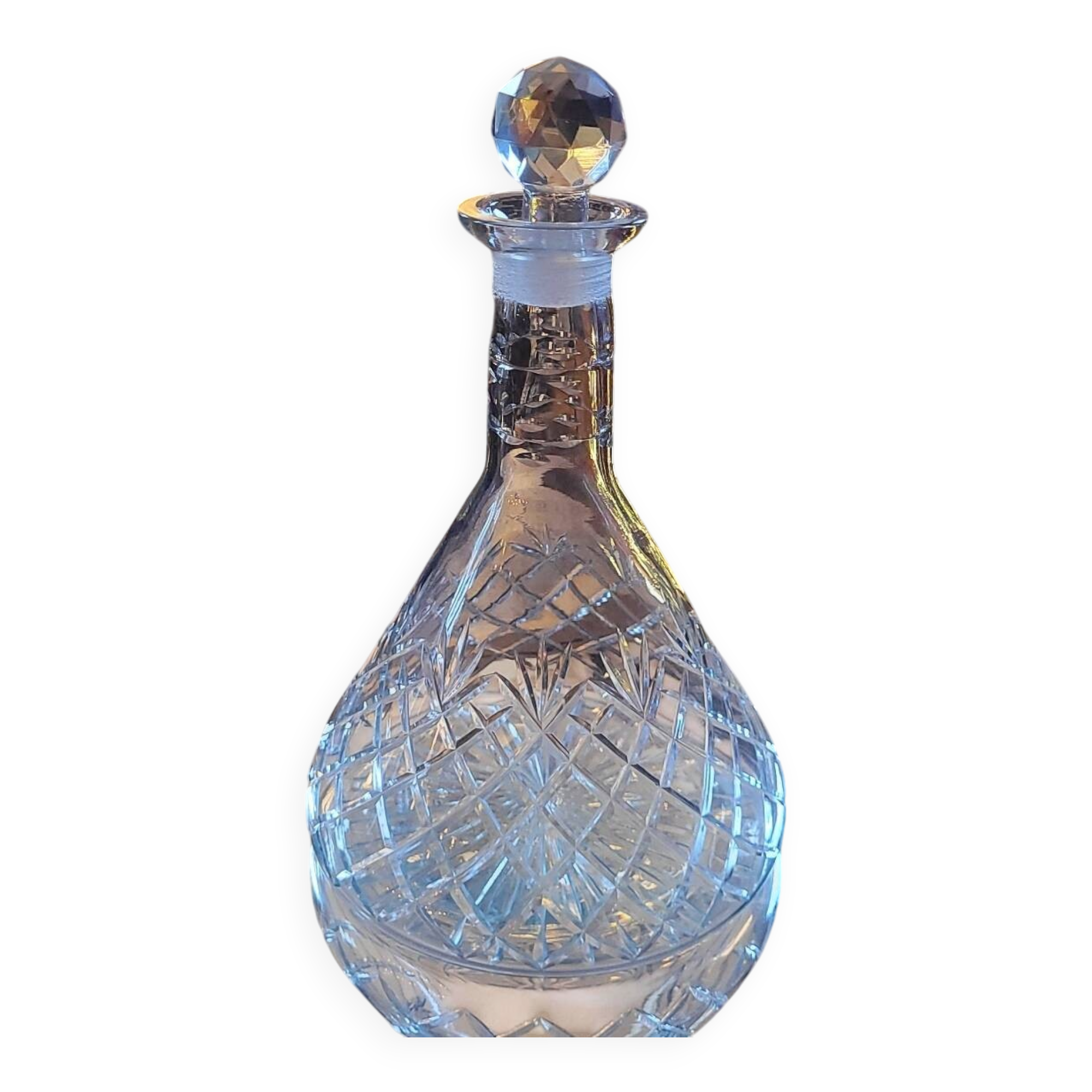 Carafe verre taillé, décor losangé & bouchon diamantaire 60's