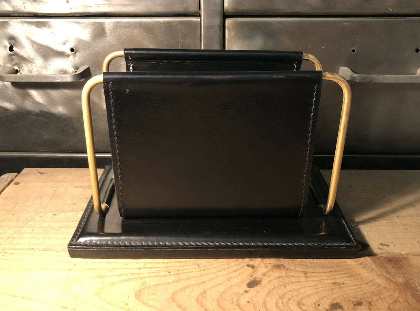 Vintage leather and brass office mail holder