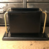 Vintage leather and brass office mail holder