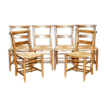 Set of six Dutch oak chairs with woven straw seats, circa 1860.