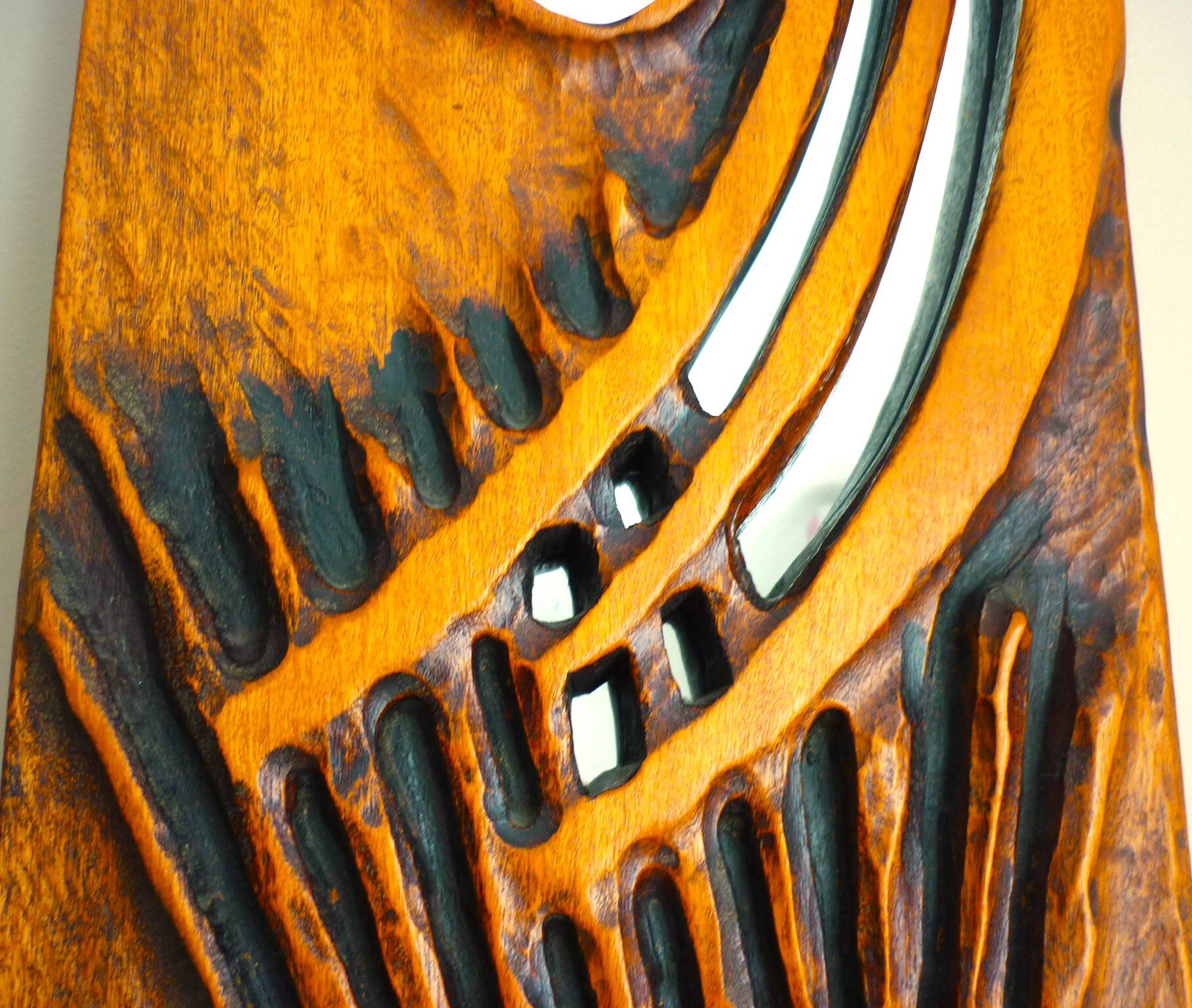 Carved wooden mirror, signed P. Guallino, "le passage", brutalist design from the 80s