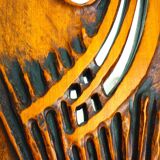 Carved wooden mirror, signed P. Guallino, "le passage", brutalist design from the 80s