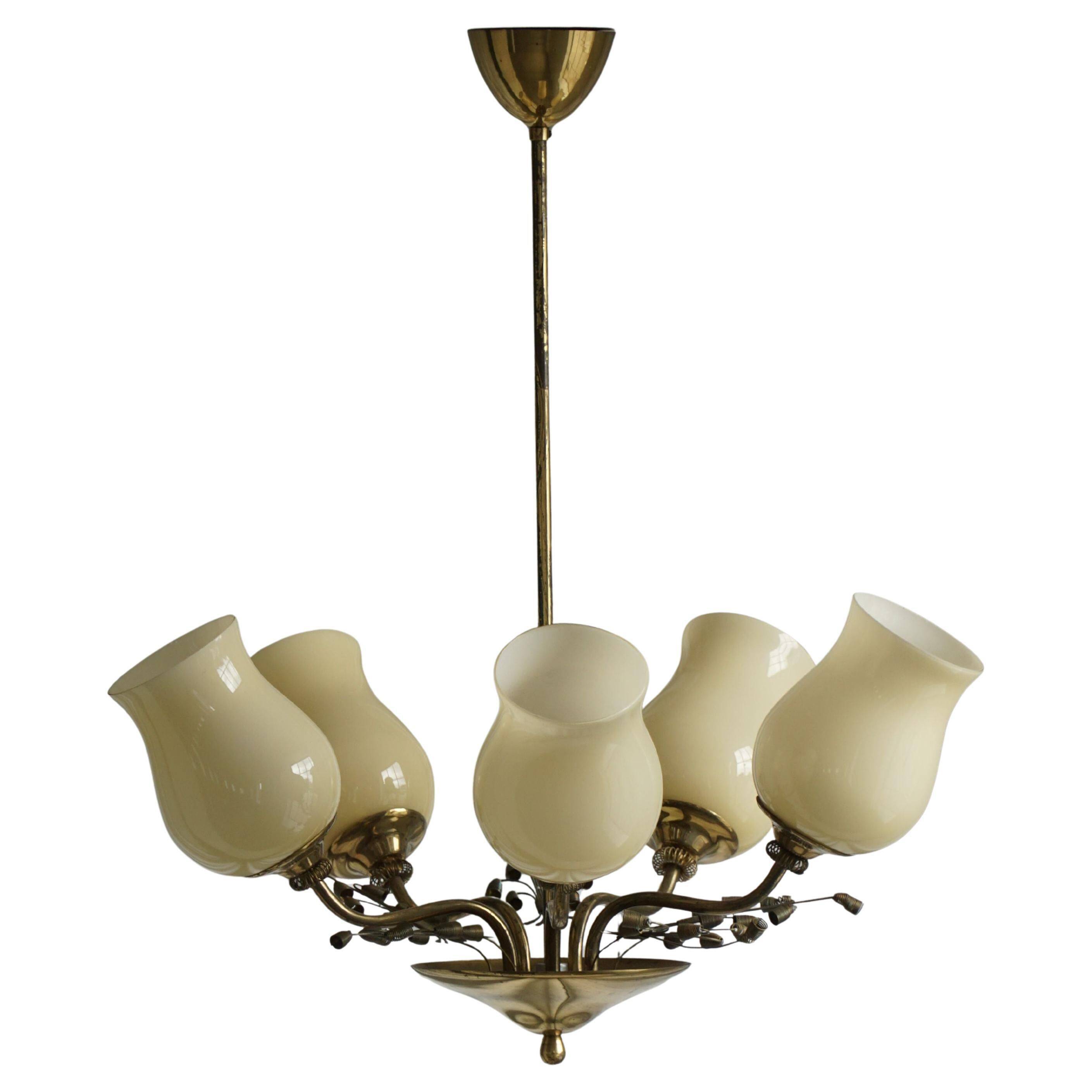 Brass and glass chandelier, Lisa Johansson-Pape for Stockmann, Finland, 1940s.
