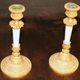 Pair of bronze and white opaline candlesticks