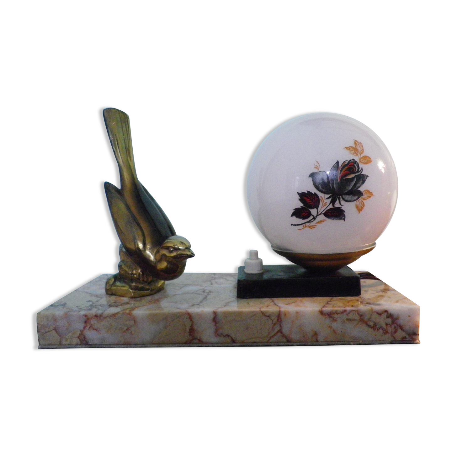 Art deco lamp, to pose, marble base, brass bird decoration, opaline - 40s