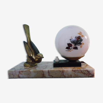 Art deco lamp, to pose, marble base, brass bird decoration, opaline - 40s