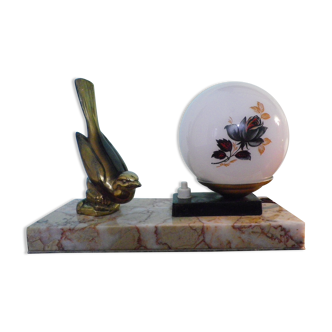 Lampe art déco à poser socle marbre décoration oiseau en laiton, opaline - Années 40