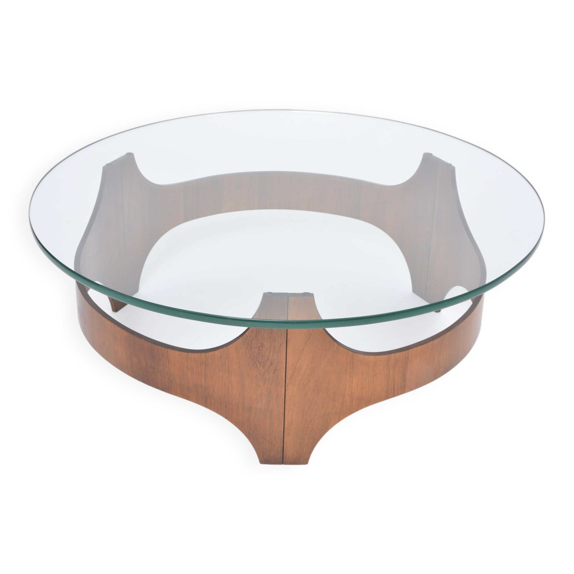 Mid-Century Circular Coffee Table with Wooden Base and Glass Top