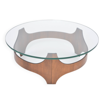 Mid-Century Circular Coffee Table with Wooden Base and Glass Top