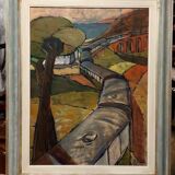 Oil painting on canvas "The Train" Franco Prayer (1924) 80 x 60 cm