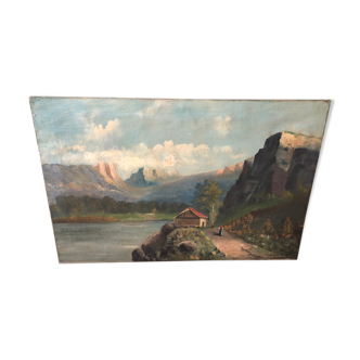Tableau huile sur toile paysage de montagne signe S.Calmet