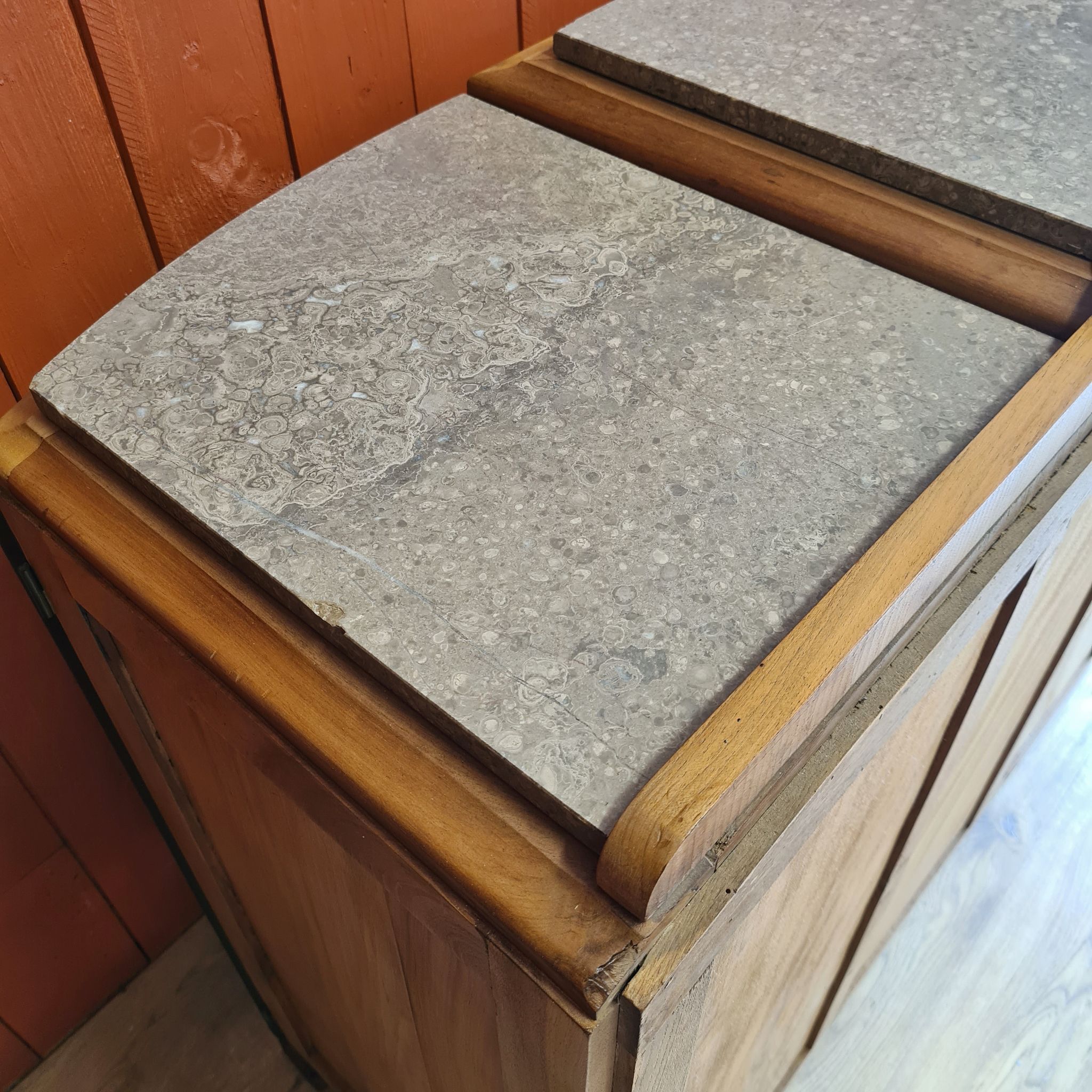 Renovated art deco walnut sideboard with beveled glass door and marble tops