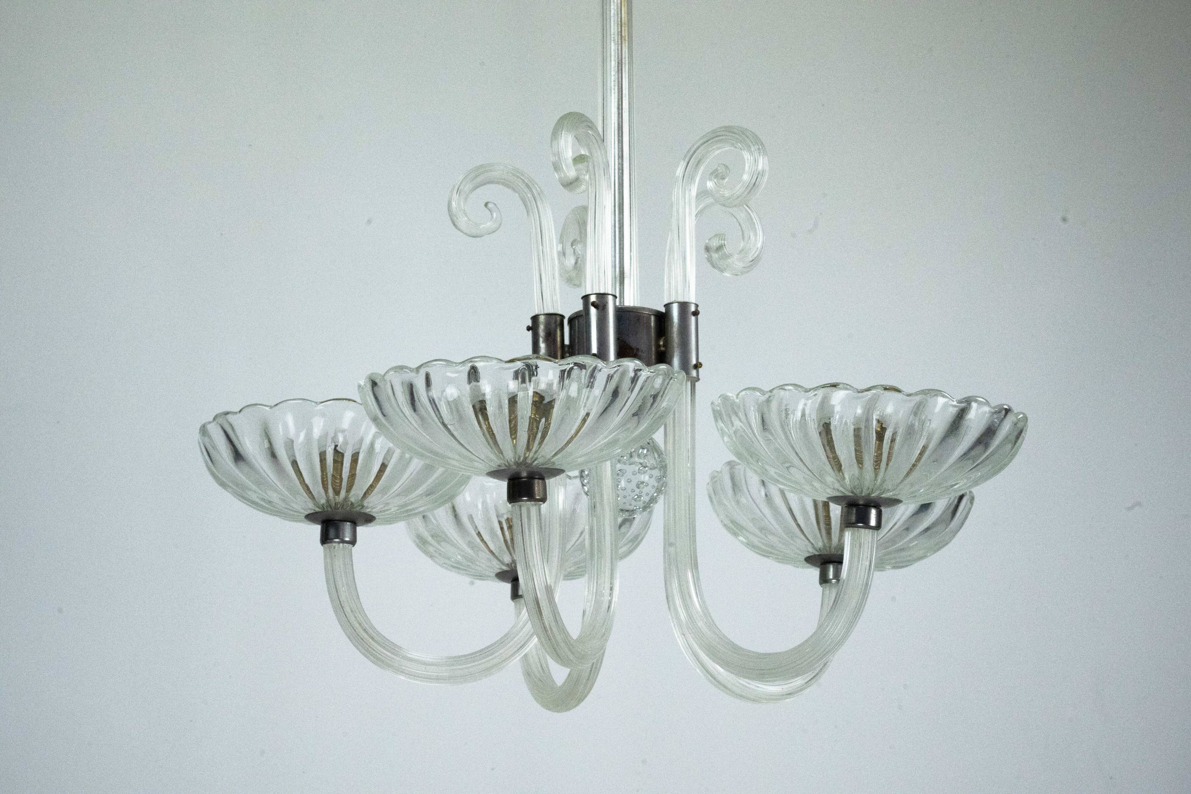 Rare Art Deco Italian Five-Arm Murano Glass Chandelier attributed to Seguso