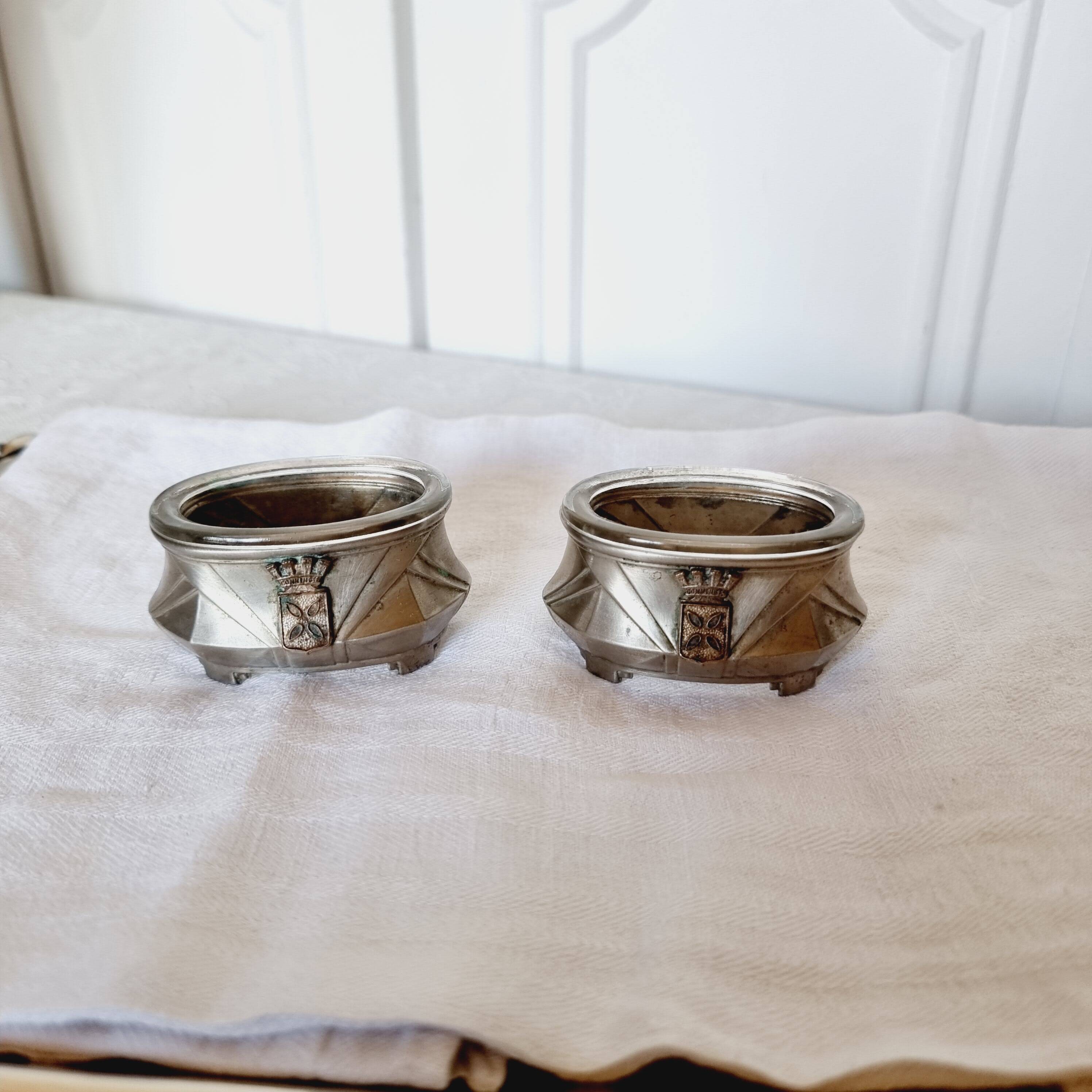 2 Antique Salt Shakers or Cups for Salt and Pepper Shakers Silver Plated Art Deco Metal