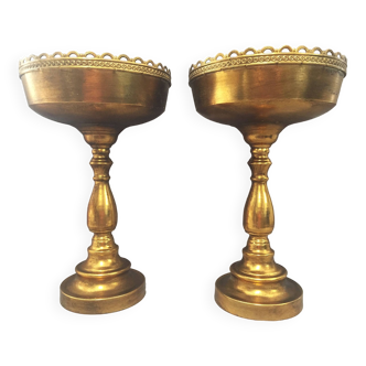 Pair of Large Cassolette Cups on Feet Gold Metal Centerpiece