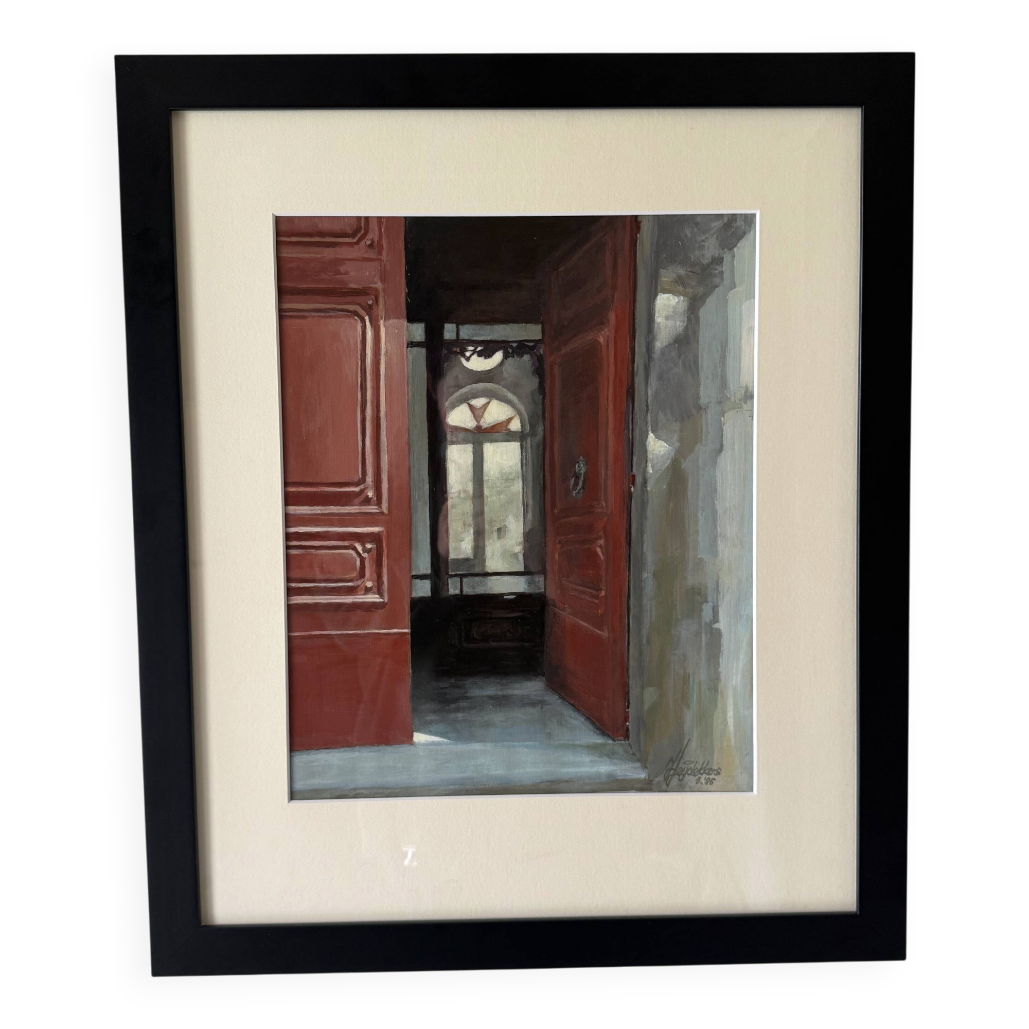 Original Signed Framed Oil Artwort Of Parisian Red Door