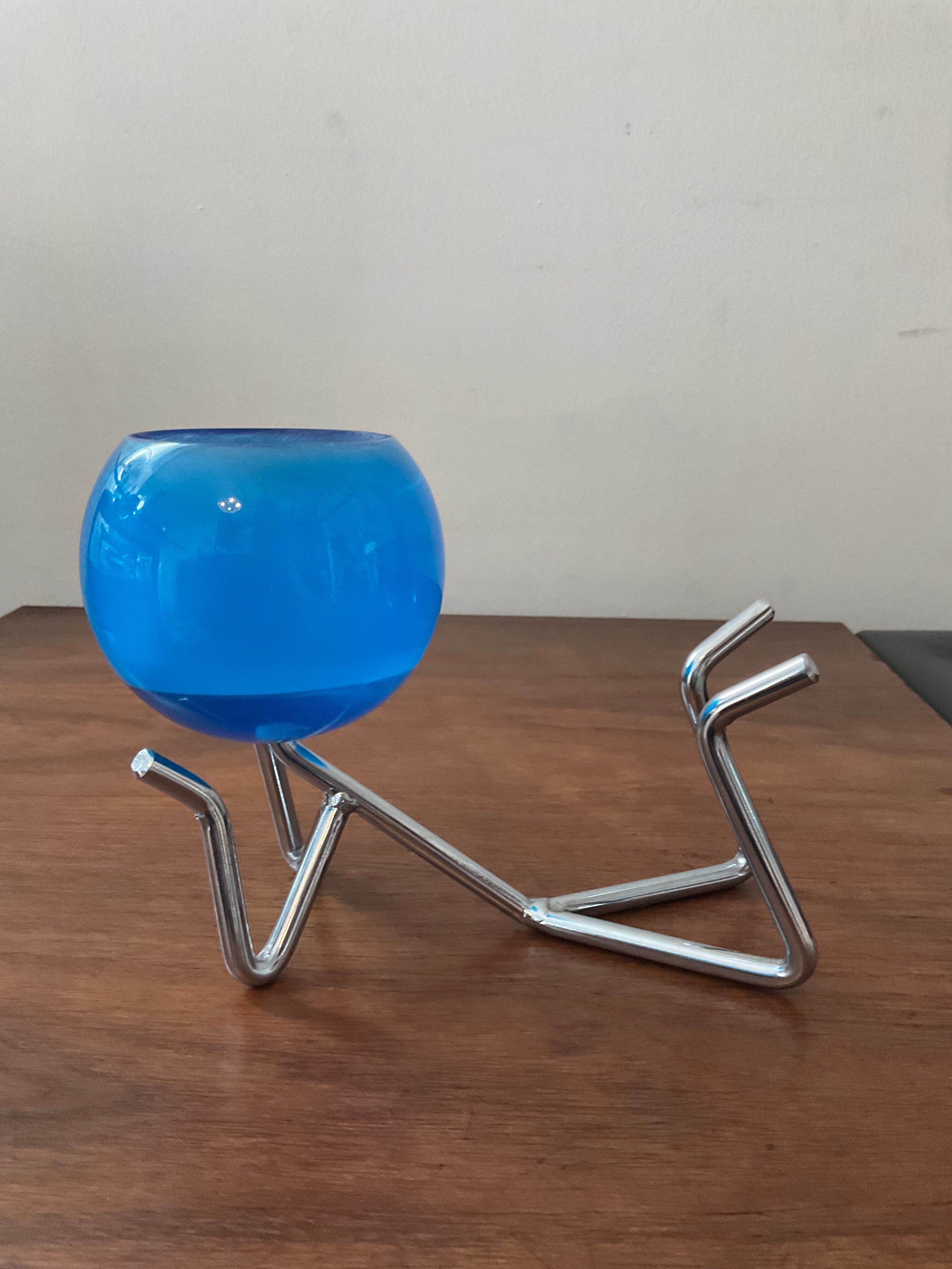 Pair of vintage candle holders 80s in stainless steel and glass paste