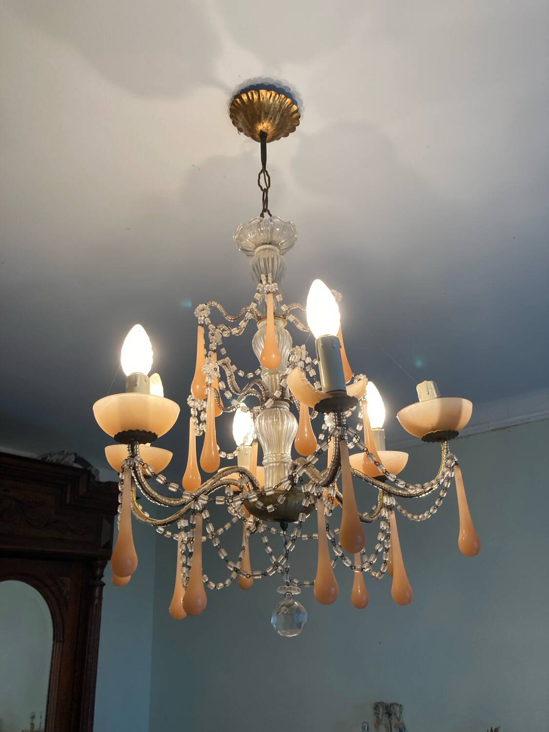 Superb antique chandelier brass/glass/Murano opal.