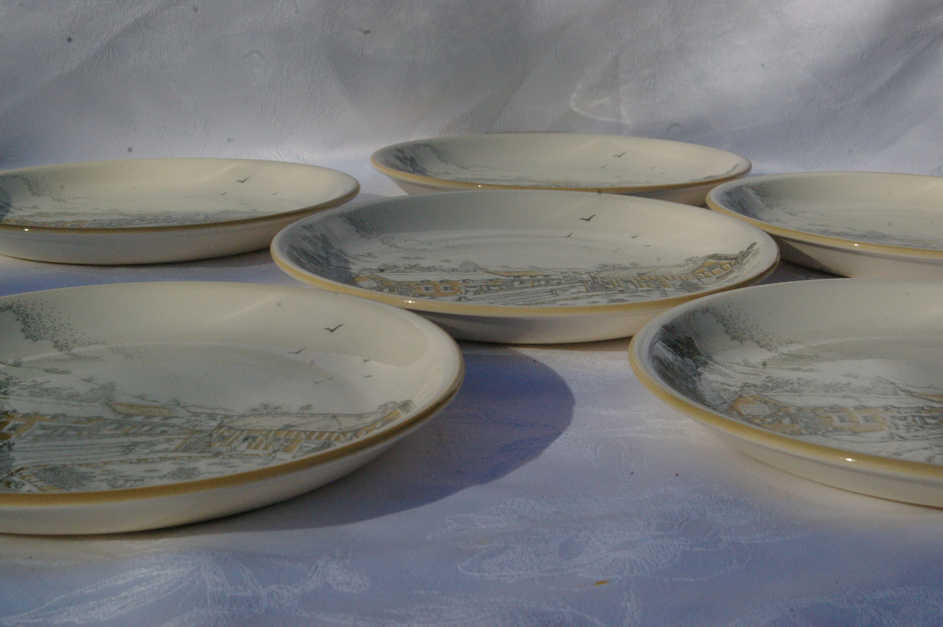6 flat plates english faience biltons - landscape village