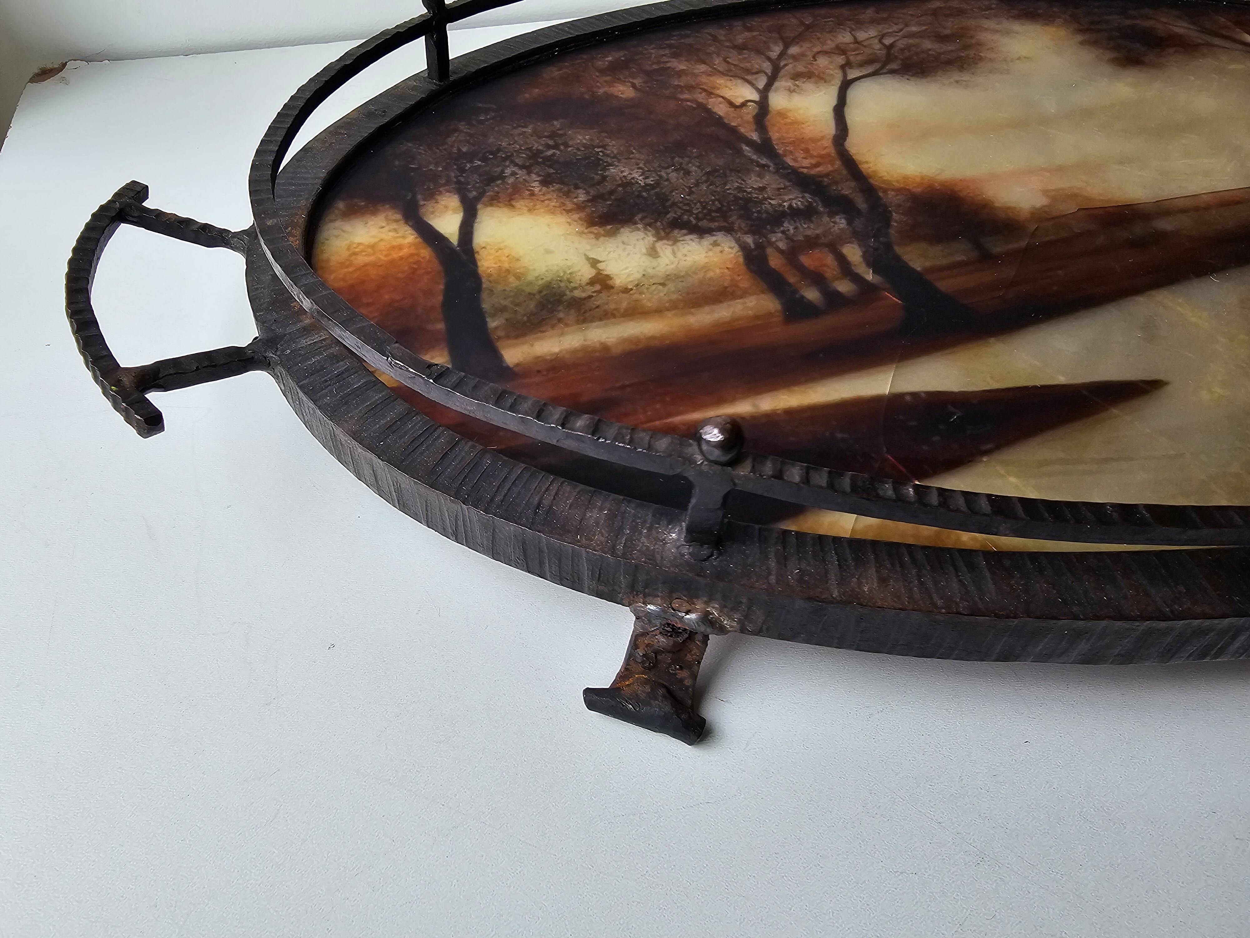 Wrought iron serving tray, Art Nouveau style, Art Deco period, Signed GERMON