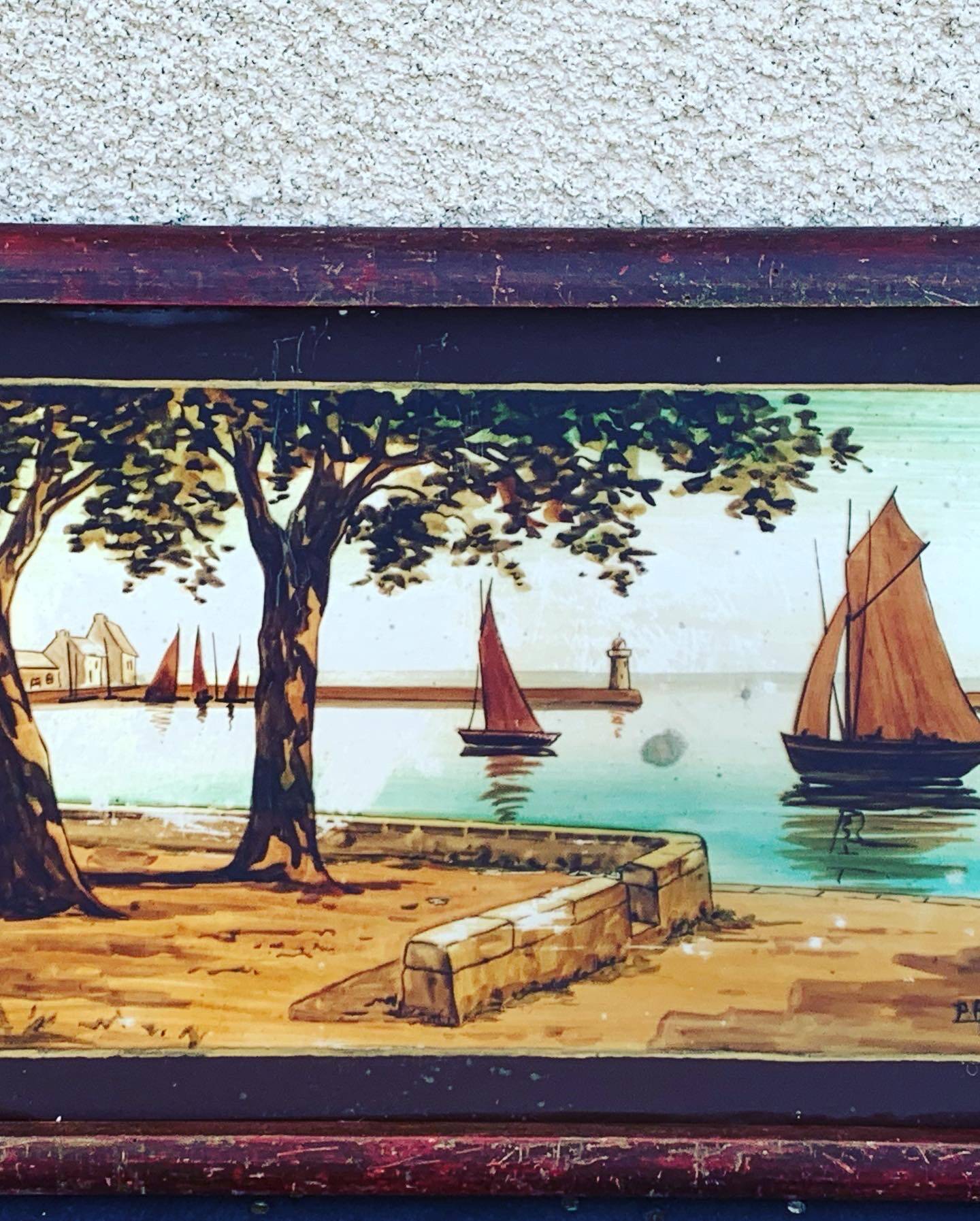 Marine painting, fixed on glass, signed P. Alix, art deco, old