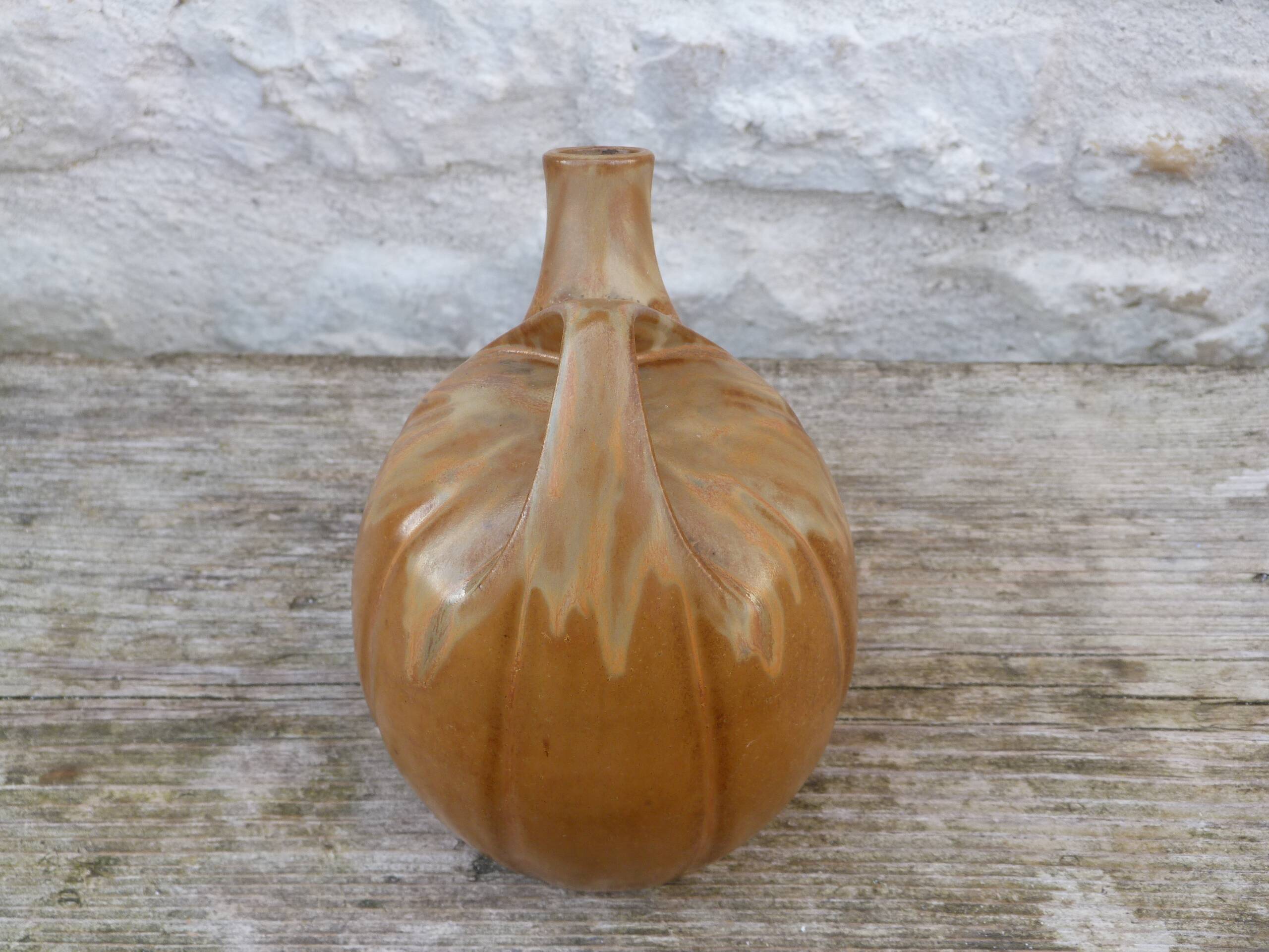 Vintage brown flamed stoneware jug signed Denbac.