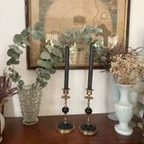 Old pair of candlesticks black marble and brass nineteenth