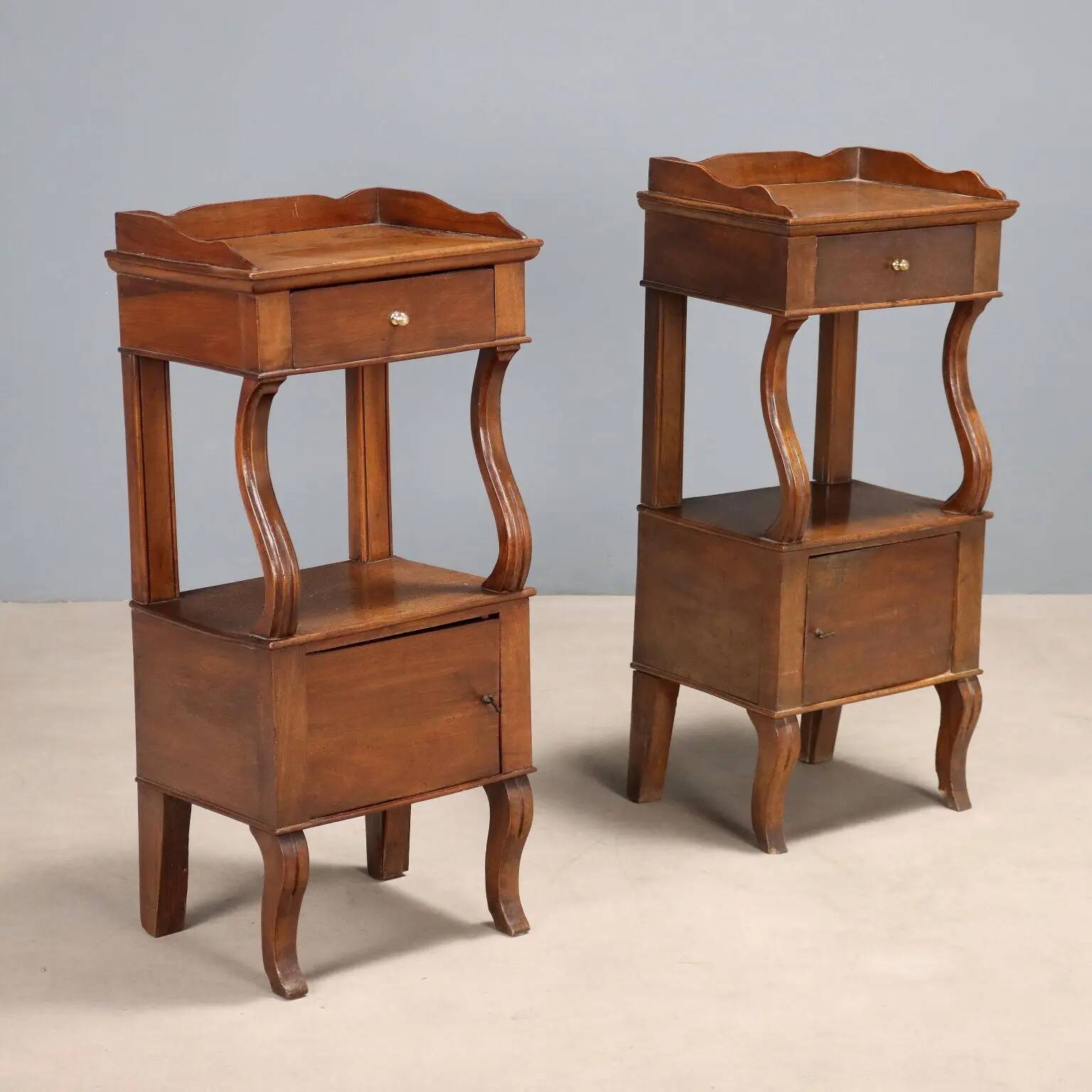 Antique walnut bedside tables with drawer, Italy, 19th century.